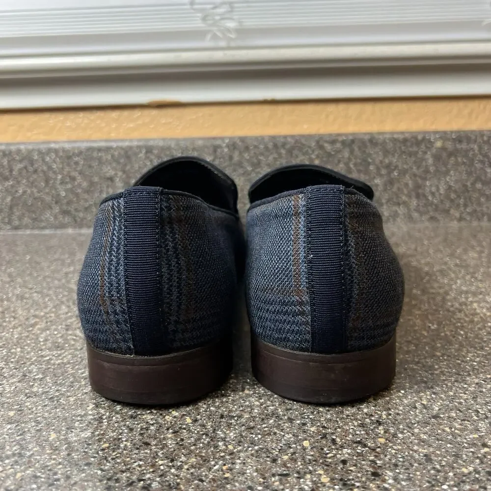 Paul Fredrick Leather Tassel Loafer Mens 13M Navy Brown Plaid Tweed Slip On Shoe